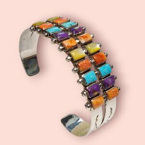 Vtg 80s 925 Sterling Silver Cuff Bracelet Southwestern Turquoise Multi Stone